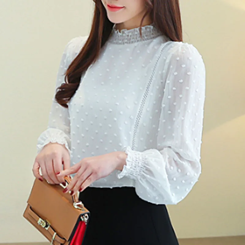 Женская шифоновая блузка в горошек белая однотонная рубашка с длинным рукавом