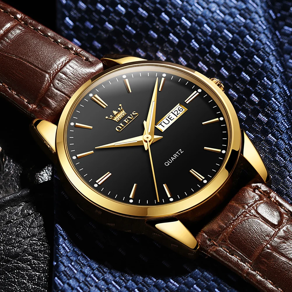Мужские кварцевые часы на кожаном ремешке с календарем |