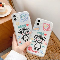 cute line graffiti flower girl clear phone case for iphone 13 11 12 pro max x xr xs max 13mini 7 8 plus funny cartoon soft cover