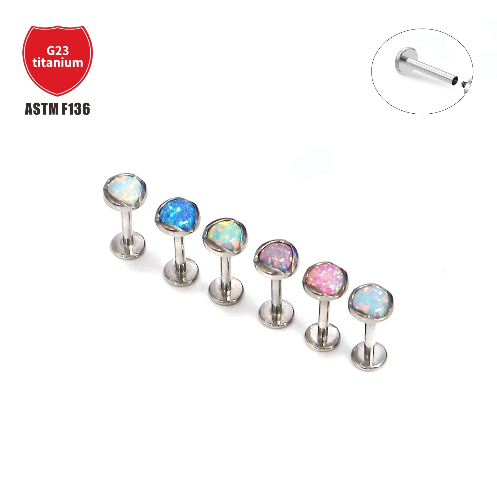 

F136 Titanium Wave Edge Water Wave Pattern Opal Earrings Female Thread 16G Flat Bottom Rod Ear Bone Stud Piercing Jewelry Studs