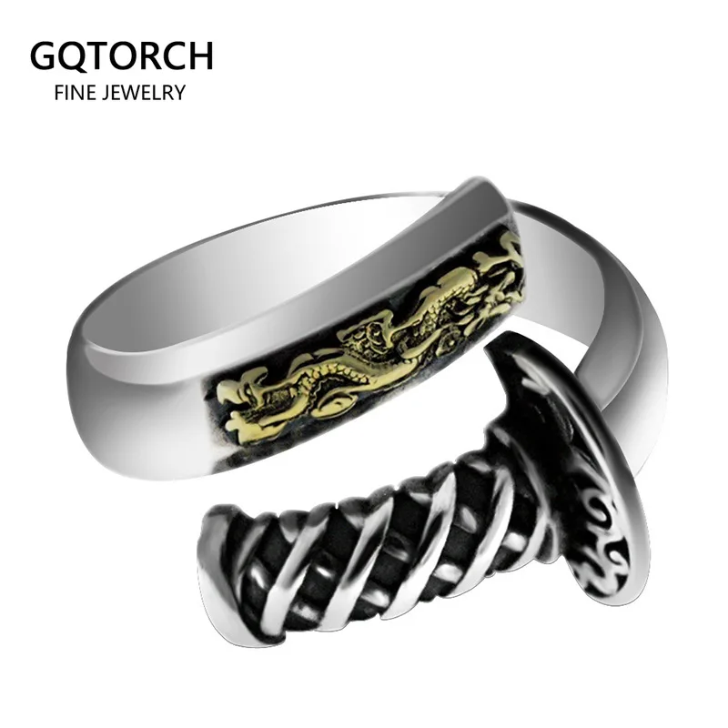 

Real Pure 925 Sterling Silver Katana Finger Ring Biker Animal Jewelry Flying Dragon Rings For Men