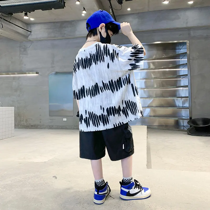 New Boys Short Sleeve Tie-Dye Tshirt+Shorts Summer Sports Suit for Kids Sets Children's Fashion Two Piece Clothes 6 8 12 14 Ages