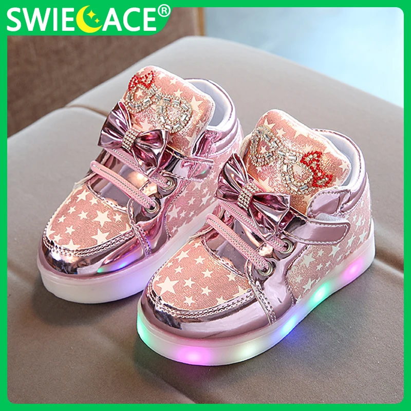 

Size 21-30 Baby LED Luminous Shoes Bow-knot Glowing Shoes for Girls Children Shoes with Lighted Sole Kids Breathable Sneakers
