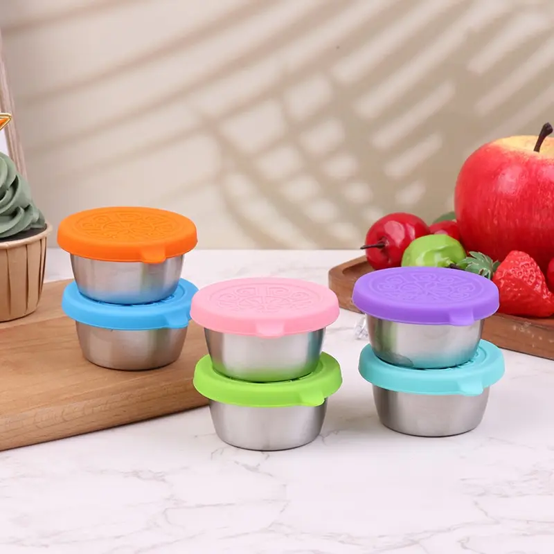 

1Pc 50ml 304 Stainless Steel Sauce Cup With Silicone Lid Mini Bento Sealed Box