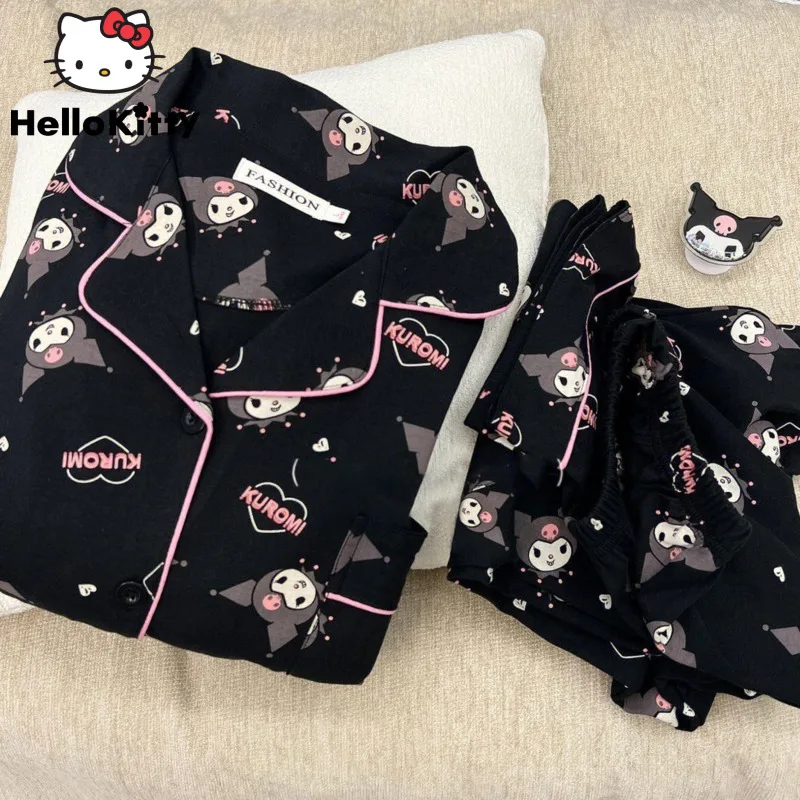 Sanrio Kuromi Women's Pajamas Cartoon Cute 2023 New Ins Spring Long-sleeved Students Adult Cardigan Sleepwear  Pajamas Set