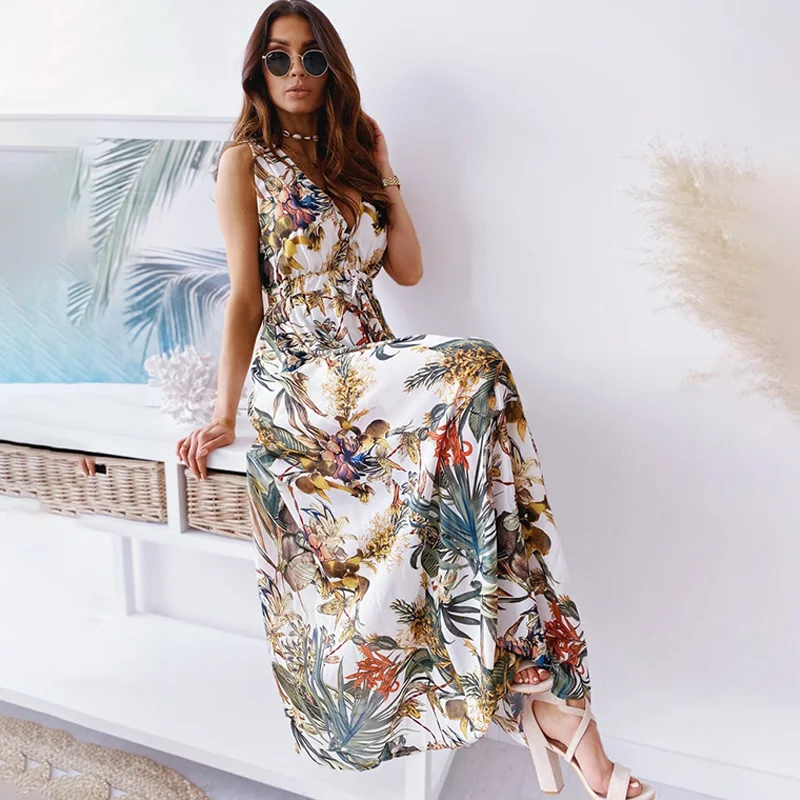 

Floral Elegant Dress Long V-Neck Dresses Women Bohemia Summer Lace-Up Backless A-Line Dress Pullover Sundress