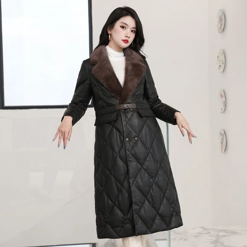 

2023Leather jacket,Genuine Sheepskin Leather Jackets Women 90% White Duck Down Women's Down Jacket Long Mink Fur Coat Female Cue