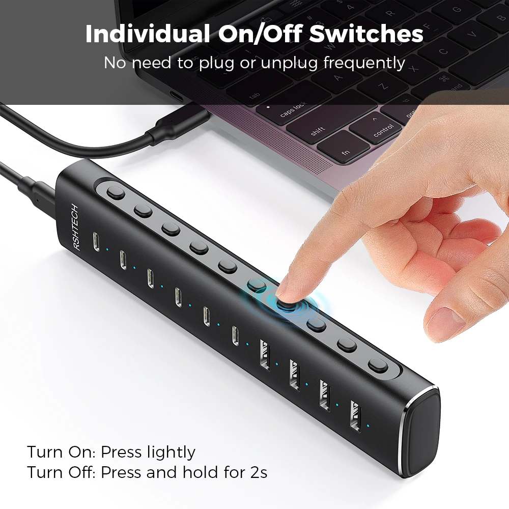 RSHTECH 10-портовый USB 3.2 хаб Type-C с портами для передачи данных 10 Гбитс и адаптером питания 12В5А, алюминиевый USB-удлинитель для настольных ПК и ноутбуков (art.: 3920dad1a2afe) - 3920dad1a2afe