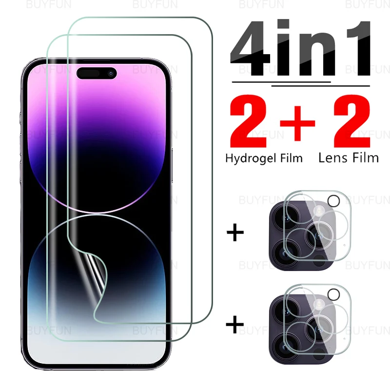 

Чехол 4 в 1 для iPhone 14 Pro Max, Гидрогелевая пленка для переднего экрана Apple iPhone 14, 14 Pro Max, 14Plus, Защитное стекло для объектива 3D-камеры