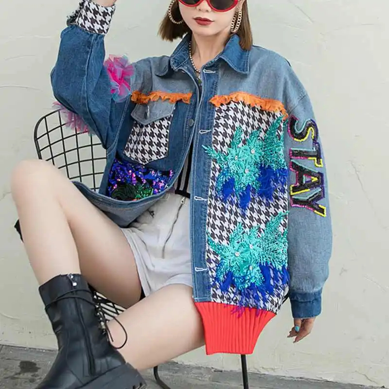 

Harajuku Heavy Work Beaded Chain Diamond Applique Printed Lace Hole Denim Cardigan Jacket Women 2022 Spring Casual Jeans Jacket