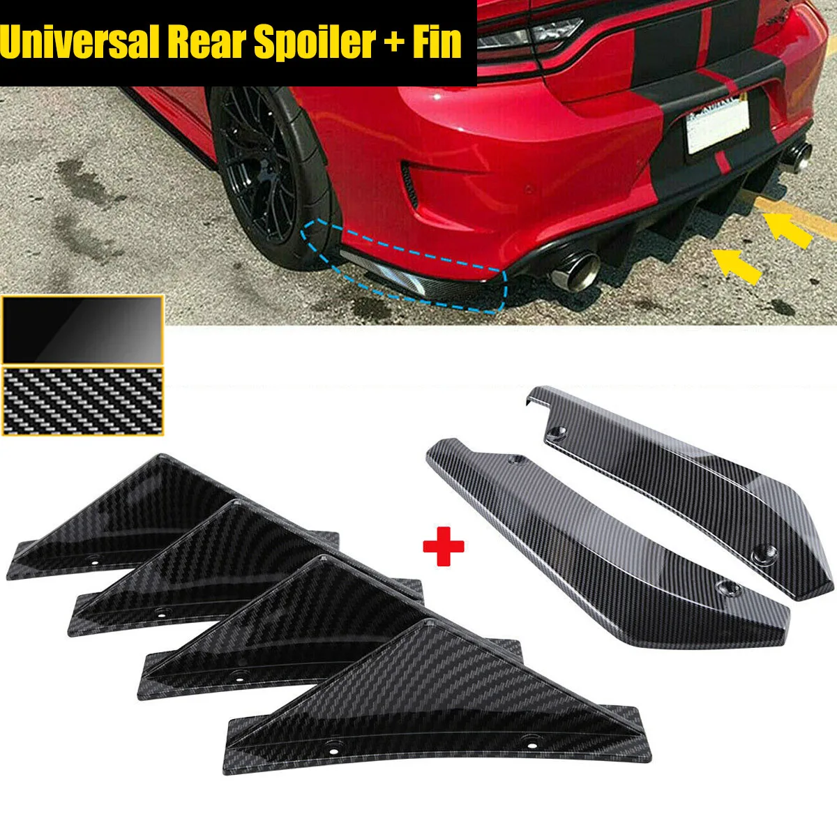 6PCS Universal For Dodge Challenger SXT SRT 40cm Rear Bumper Splitter Cover + Diffuser Shark Fins Spoiler Set Car Accessories