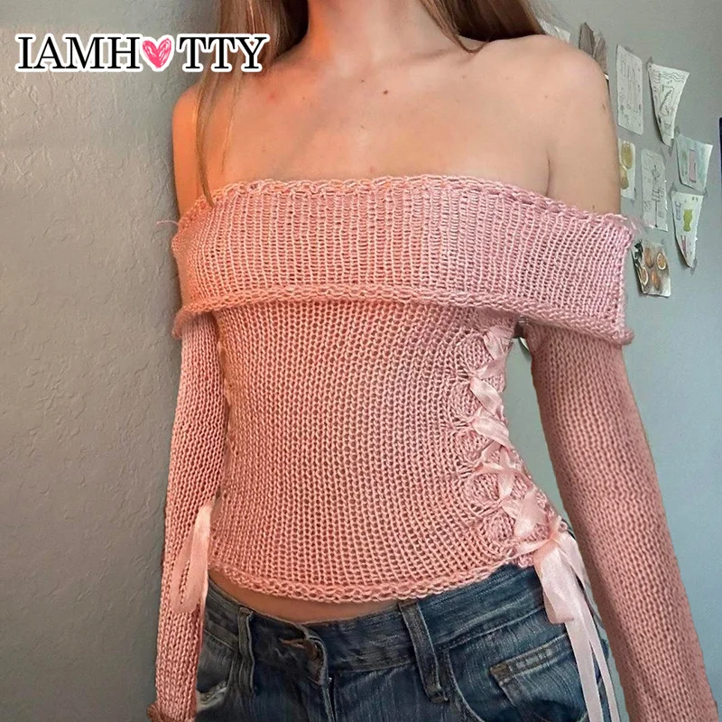 

IAMHOTTY Sweet Side Tie-up Sweater Pink Coquette Aesthetic Slim-fit Knitted Tops Fall Winter Cute Elegant Slash Neck Jumpers y2k