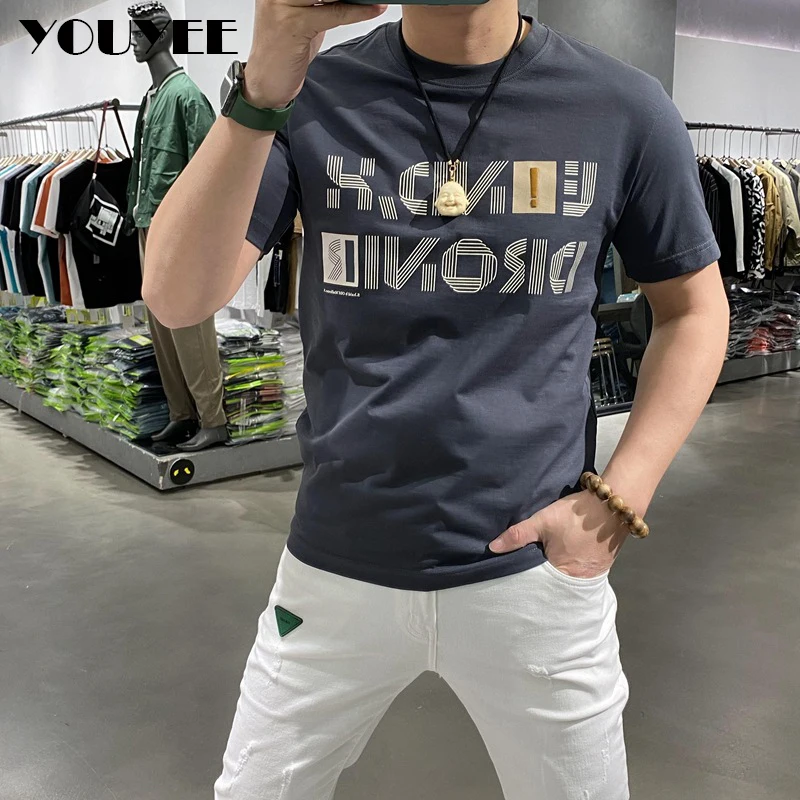 

Printed Letters Thin T-shirt Male Short Sleeve Summer New Trend Slim Fitting Mercerized Cotton Boys' Tees Casual Men’s Clothing