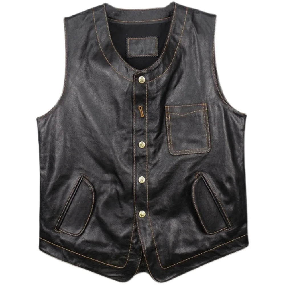 

Cowhide Mens Jacket Waistcoat Real Leather Plus Size 5XL Summer Sleeveless Tooling Coat Vest For Man Vintage Streetwear