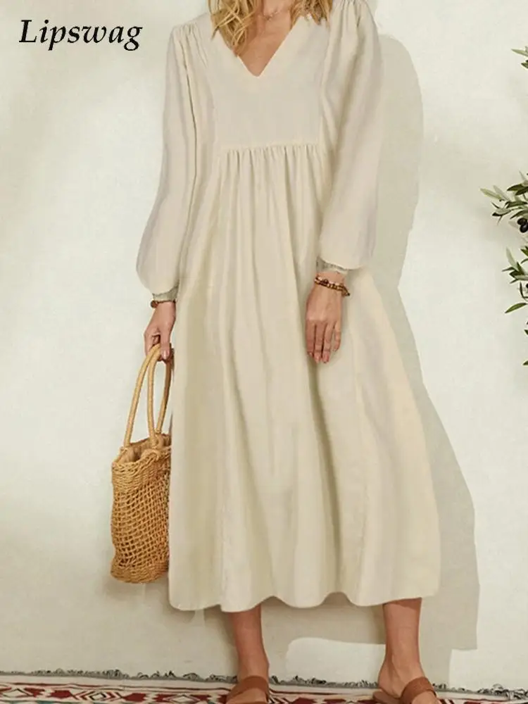 

Women 2022 Summer Vintage Solid Color Party Dress Office Fashion Lantern Long Sleeve Long Dress Lady Casual Cotton Linen Dress