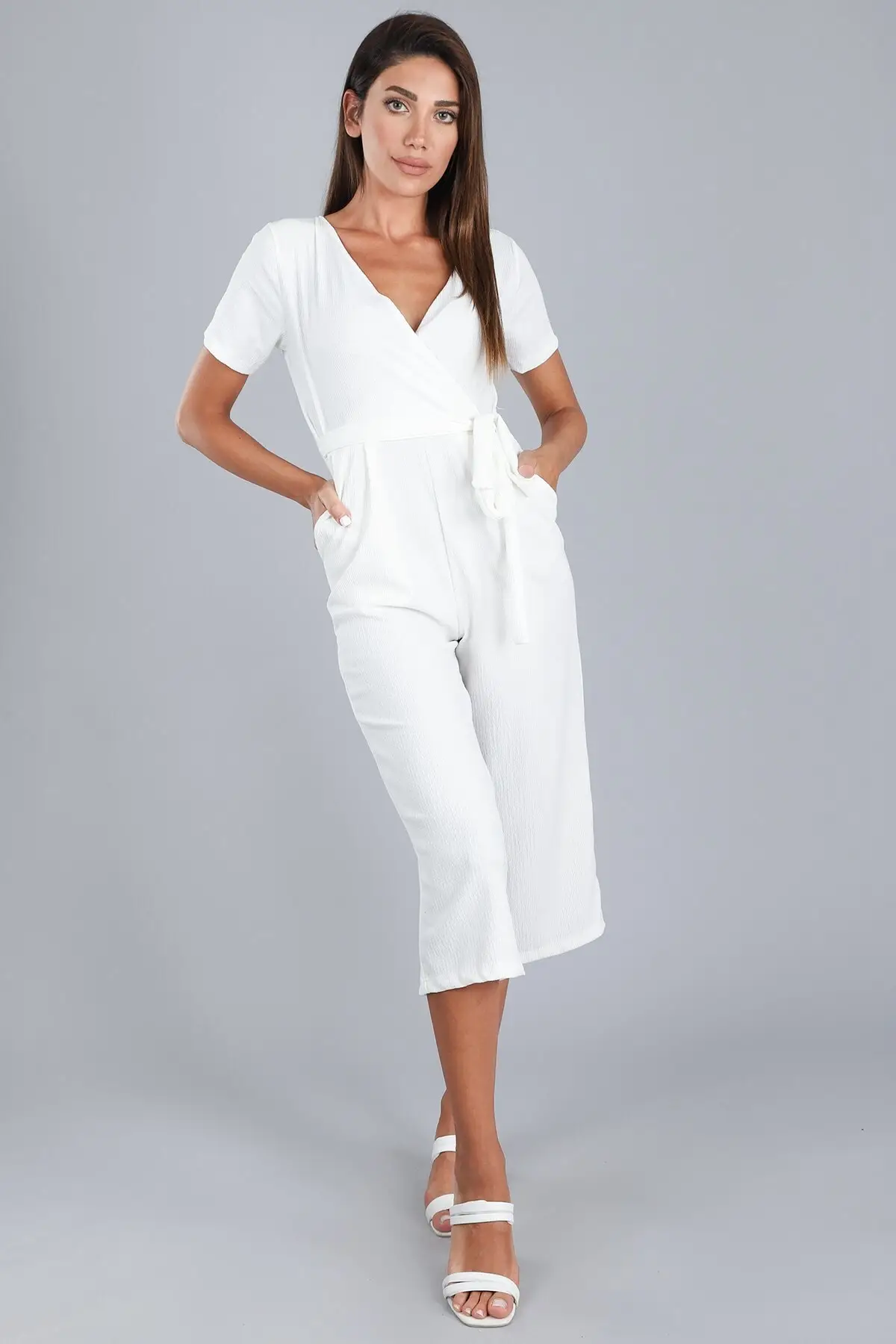 

Women's Overalls Double Breasted Short Sleeve Drawstring Pocket White Jumpsuit Hot Casual Fashion Jumpsuit