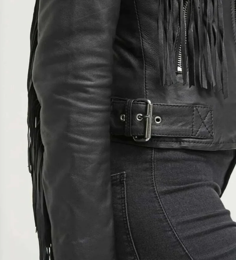 Women Black Leather Fringed Jacket Black Leather Tassel Coat Motorcycle Leather Outwear