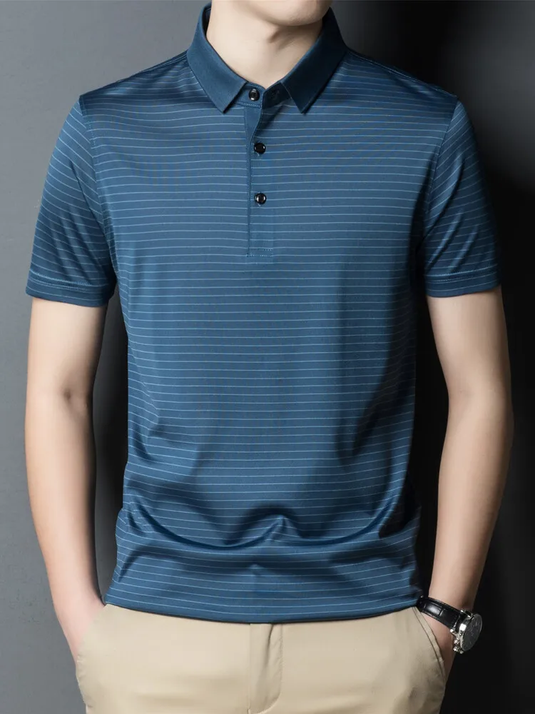 Hengyuanxiang Middle-Aged Short sleeve T-shirt Men 2024 Summer New Stripe Lapel Polo Shirt Containing Silk Daddy Clo... |