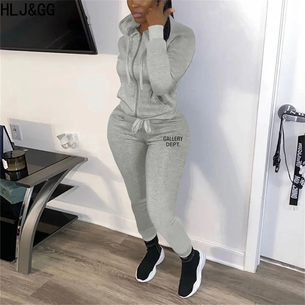 

HLJ&GG Fall Winter Casual Letter Print Two Piece Sets Women Zipper Hooded Top And Jogger Pants Tracksuit Female Matching Outfits