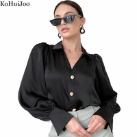 kohuijoo vintage lantern sleeve shirt satin turndown collar temperament elegant fashion design casual ladies blouse with button
