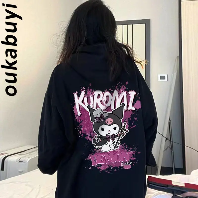 

Kawaii Sanrio Kuromi Cartoon Anime Plush Printing Hooded Sweater Thick Warm Fashionable and Cute Student College Style Jacket