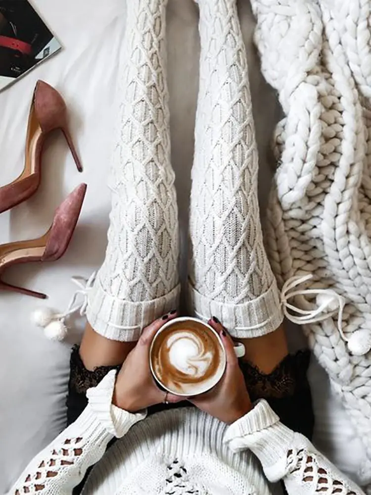 Chicme Women Braided Bowknot Decor Skinny Long Socks Autumn Winter Christmas Warm Festival A Pair Socks Womens Clothes Ropa