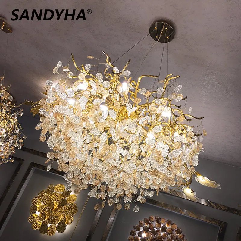 

SANDYHA Modern Luxury Golden Glass Leaf Chandelier Creative Iron Art Decorative Lamp Dining Living Bedroom Hotel Pendant Light