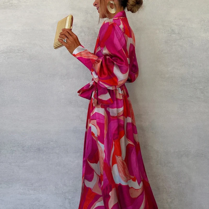 Элегантное офисное длинное платье с графическим принтом 2024 шикарное женское