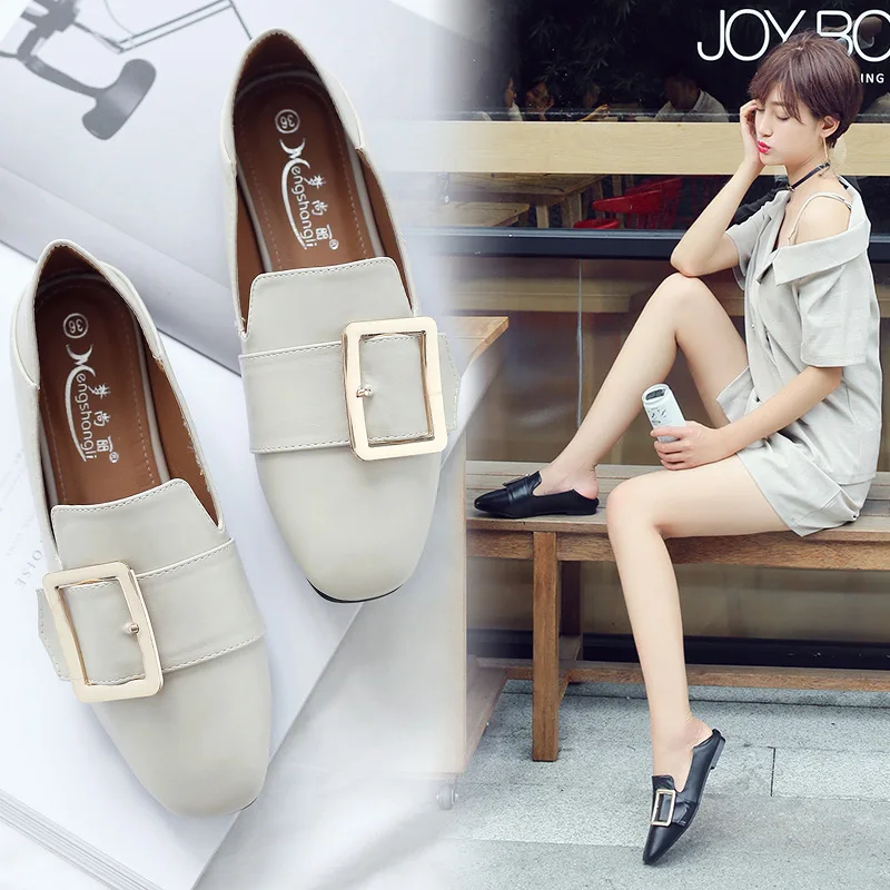 

2023 Fashion Buckle Flat Shoes Woman Two Ways Wear Slip on Loafers Square Toe Flats Comfortable Casual Shoes Flat Shoes Women