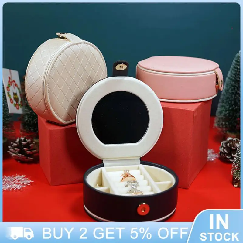 

Round Jewelry Box Organizers Pendants Ring Earring Necklace Packaging Case Mirror Luxury Carrying Jewelry Display Storage Box