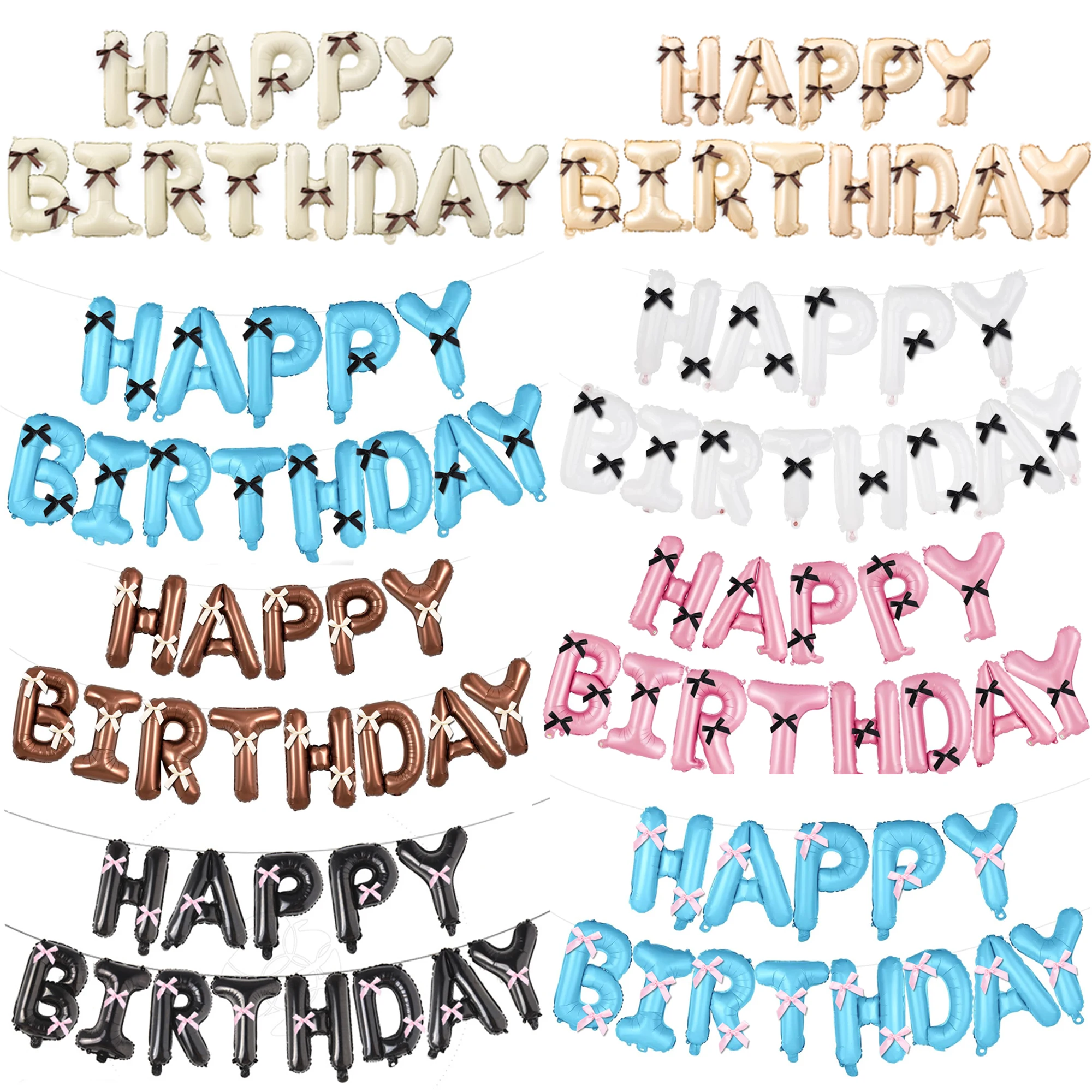 13PCS aluminum foil Happy Birthday balloon pull flag +20PCS bow set A total of 33 sets birthday party decoration gift