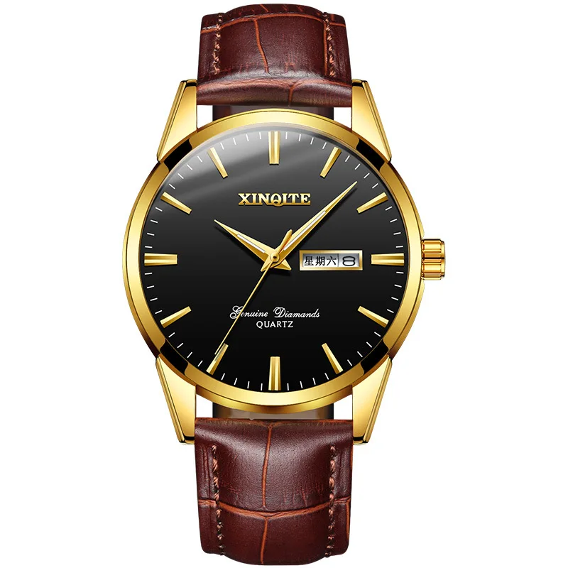 

Часы мужские кварцевые с двойным календарем, автоматические водонепроницаемые светящиеся с верхним слоем из кожи