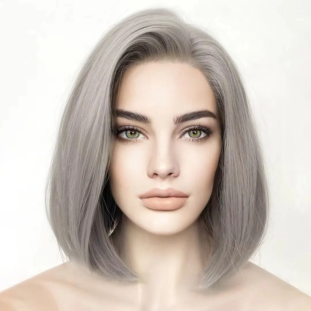 MXWIGS Серый Прямой Боб Волосы Синтетический 13X4 Парик Фронта Шнурка Для Женщин