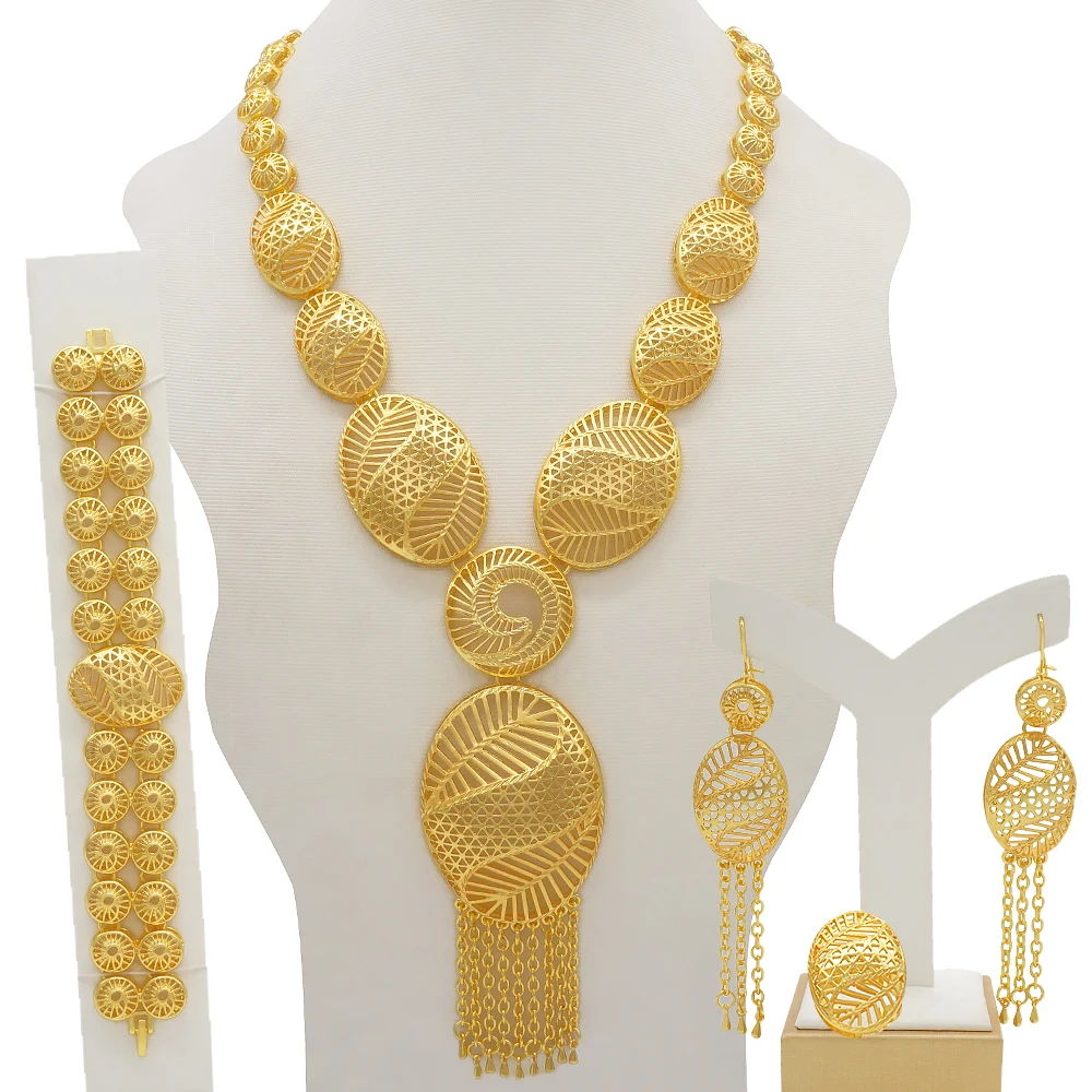

Jewelry Set for Woman Dubai Gold Color Large Drop Earrings Tassel Pendant Necklace Banquet Wedding Party Accessories Daily Wear