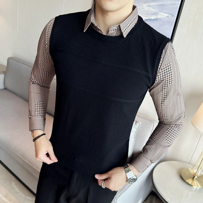 

2023 осенне-зимний вязаный мужской свитер с фальш-вставкой, повседневный деловой пуловер с отворотом, универсальный тонкий офисный свитер, топы