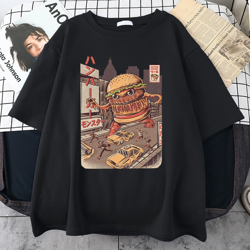 

Man T Shirts Funny Ukiyoe Japan Style Burgerzilla Tee Shirt Harajuku Retro T Shirt Summer Street Tee Shirts Tops Casual Loose