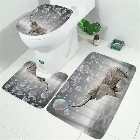 Водонепроницаемая занавеска для ванной и душа, нескользящий коврик с 3D принтом в виде слона и пузырьков, коврик для унитаза, домашний декор