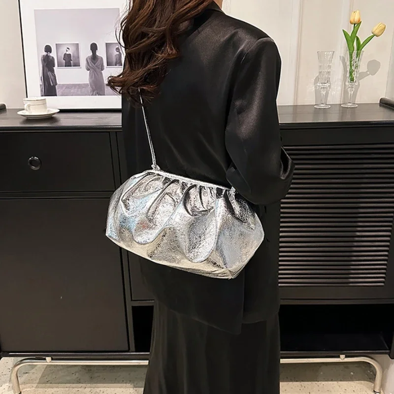 

Small Luxury Design Women's Leather Silver Cloud Bag Female Gold Crossbody Bag Ladies Party Clutch Purse Female Handbags