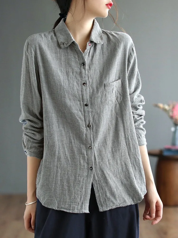 

Рубашка B2242 женская с отложным воротником, Хлопковая сорочка в полоску, повседневный Топ с длинным рукавом, в винтажном стиле, весна 2023