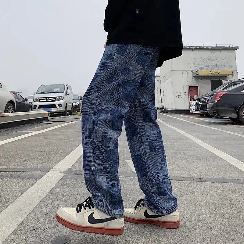 Blue/Black Plaid Jeans Men Fashion Retro Casual Straight Jeans Men Streetwear Loose Hip Hop Denim Pants Mens Trousers S-2XL