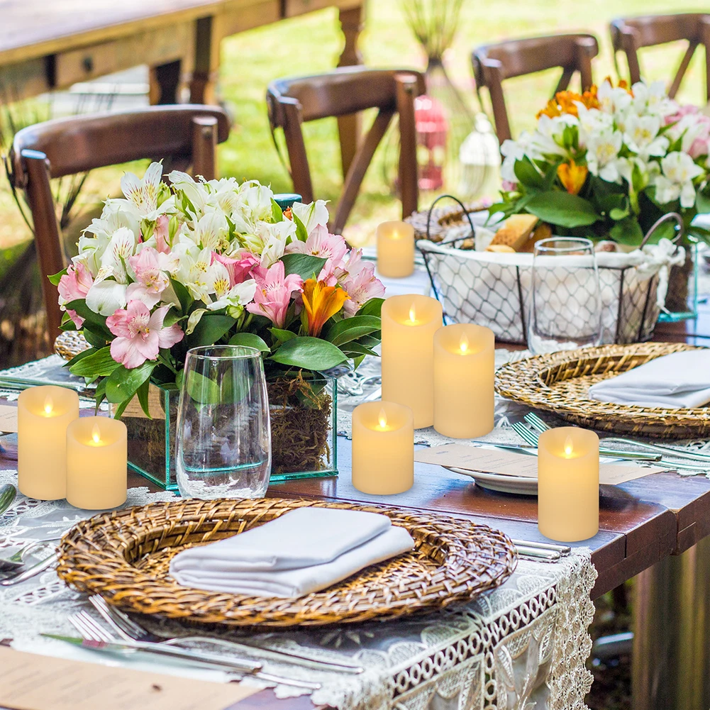 Набор из 3 пластиковых колонн безогневых свечей с реалистичными светодиодными пламенами "Tealight" для декора дома, дня рождения и свадьбы.