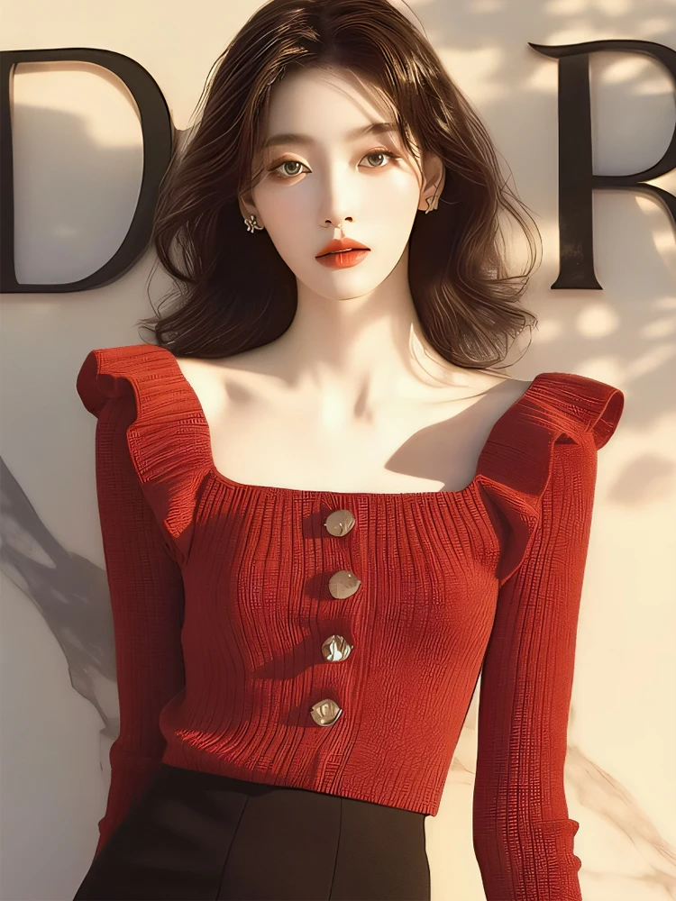 Вязаный женский вязаный топ с длинными рукавами и квадратным воротником во