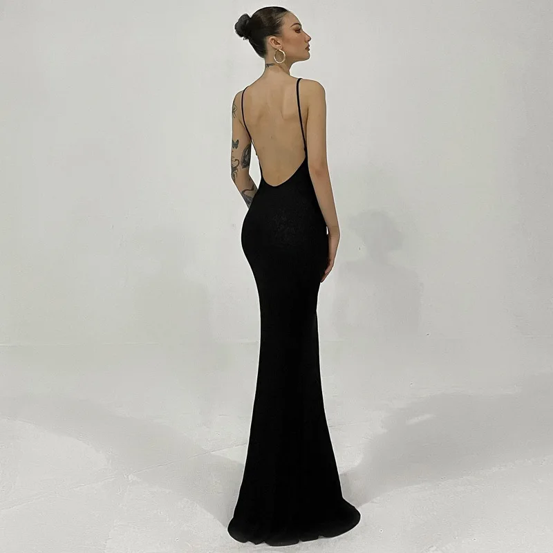 

Transparent Black Backless Maxi Dress Women 2023 Summer Slip Long Dress Sexy See Through Night Club Party Dresses