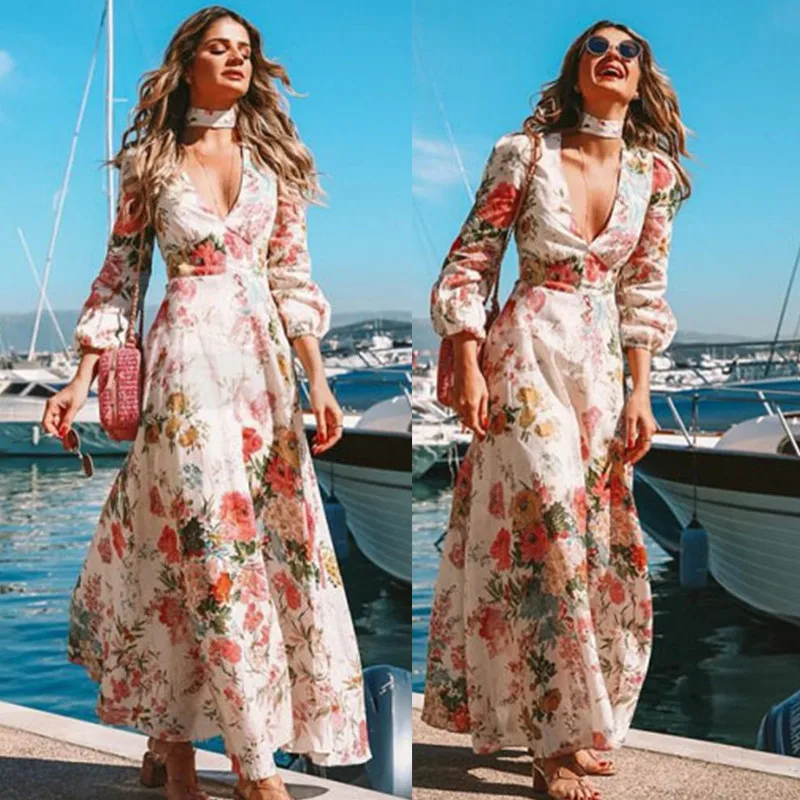 

2022 Independent Station Wish Deep V Long Sleeve Print Dress