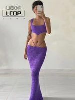 ledp hollow out bandage long skirt and cropped set purple knitted 2 piece summer set women sexy crochet vacation beach outfits