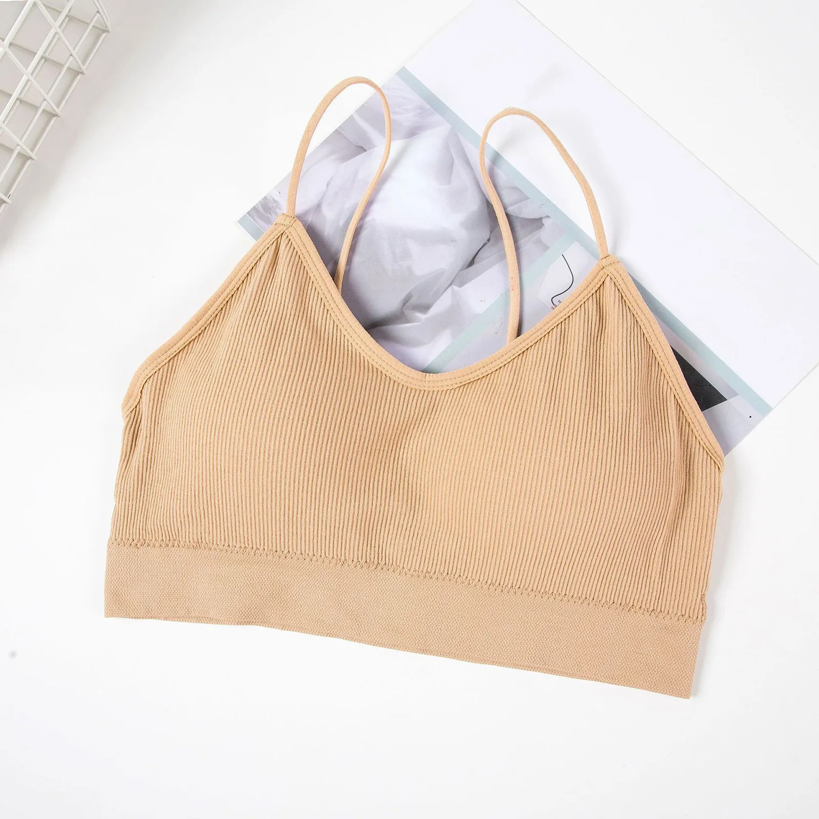 

2023 Womens Summer Ribbed Bras Solid Color Spaghetti Strap Tube Top Chest Pad Bras Comfortable Breathable Wireless Underwear