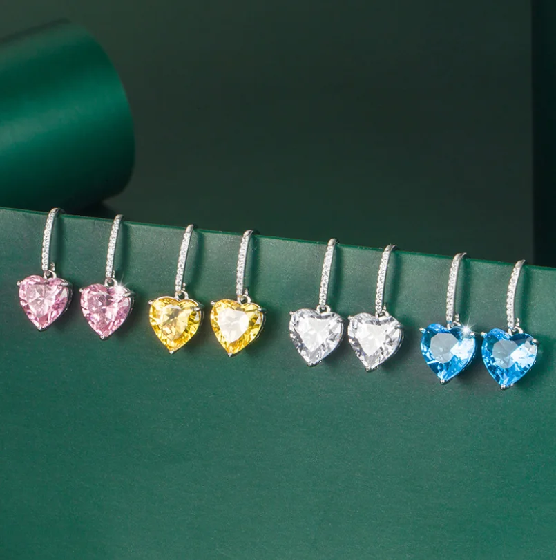 

ANGLANG Luxury Heart Cubic Zirconia Dangle Earrings Women White/Blue/Pink/Yellow Simple Elegant Earrings Wedding Trendy Jewelry