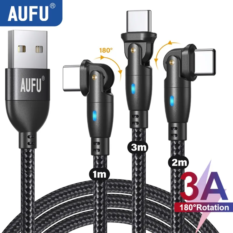 

AUFU 3 упаковки USB Type C кабель для Realme Xiaomi Poco Samsung 3A провод для быстрой зарядки USB зарядное устройство Шнур для передачи данных 180 поворотный кабель Type C