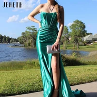jeheth off the shoulder evening dresses 2022 mermaid sexy side split strapless pleat design soft satin formal prom party gown