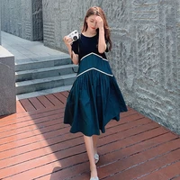 2022 summer korean retro stitching design ladies dresses loose waist o neck vintage dress